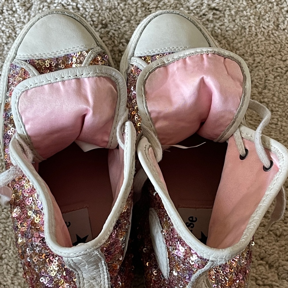 RARE VINTAGE CONVERSE PINK SEQUIN AND LEATHER HI TOP SNEAKERS HARD TO FIND. 8 US - Picture 9 of 9
